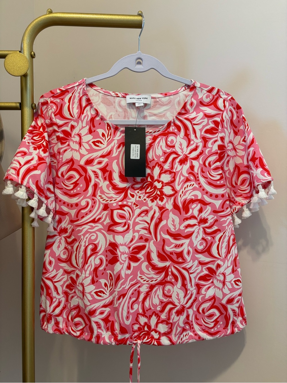 Sade New York Red & Pink Floral Tassel Sleeve Blouse
